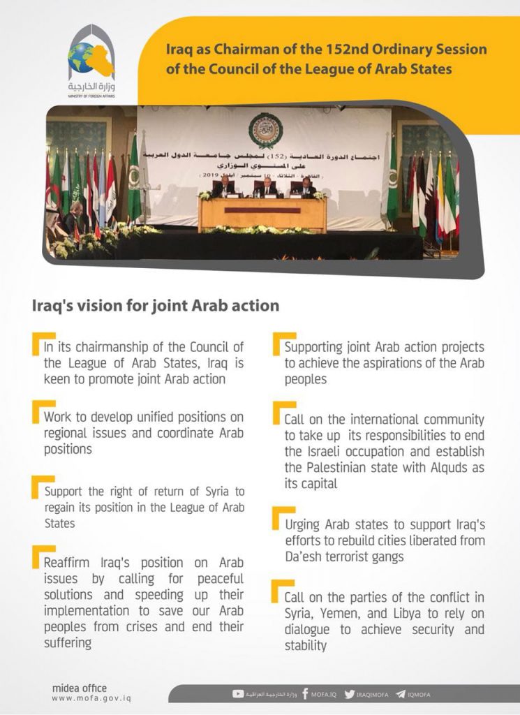 #Iraq as Chairman of the 152nd Ordinary Session of the Council of the League of Arab States #Iraq’s vision for joint Arab action