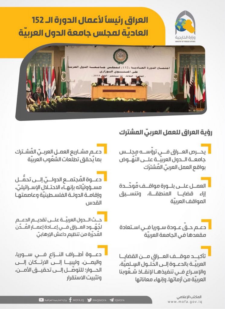 العراق رئيساً لأعمال الدورة الـ(152) العاديّة لمجلس جامعة الدول العربيّة رؤية العراق للعمل العربيّ المشترك